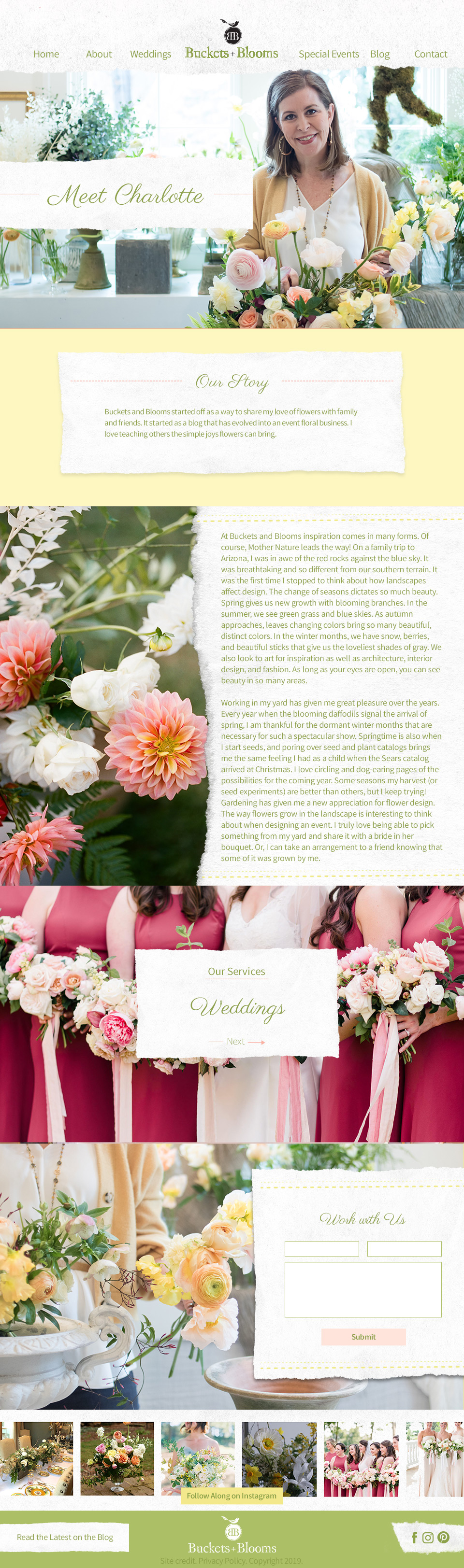 Website design for Buckets and Blooms by J. Alexandria Creative, Huntsville, Alabama branding and website designer. Website About page design.