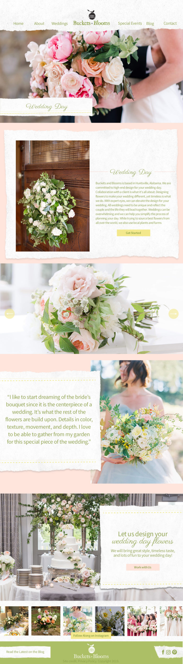 Website design for Buckets and Blooms by J. Alexandria Creative, Huntsville, Alabama branding and website designer. Website Wedding Day Interior Page Design. 