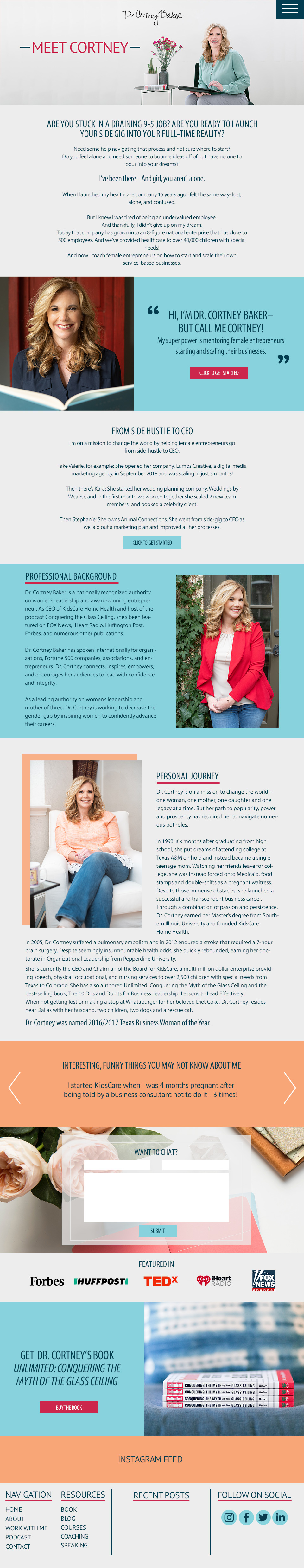 Dr. Cortney Baker Business Coach Website Redesign with J. Alexandria Creative, Huntsville, Alabama Branding and website designer. Dr. Cortney Baker Website About page design.