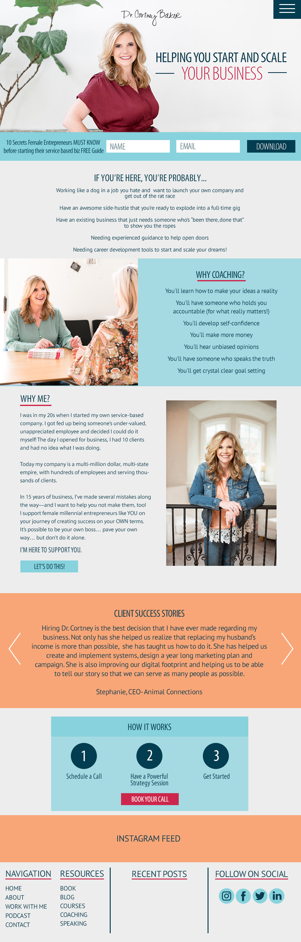 Dr. Cortney Baker Business Coach Website Redesign with J. Alexandria Creative, Huntsville, Alabama Branding and website designer. Dr. Cortney Baker Website Coaching page design.