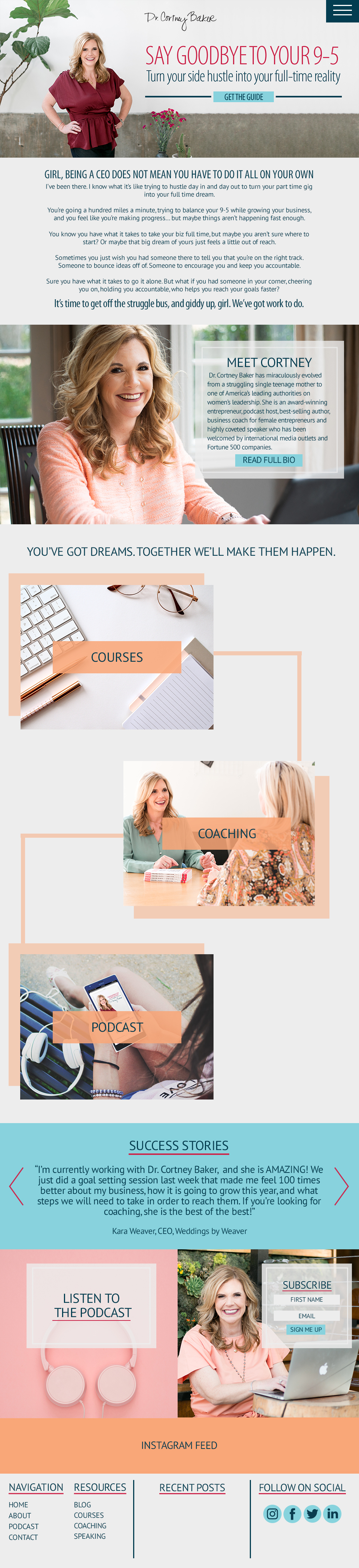 Dr. Cortney Baker Business Coach Website Redesign with J. Alexandria Creative, Huntsville, Alabama Branding and website designer. Dr. Cortney Baker Website Homepage Design.