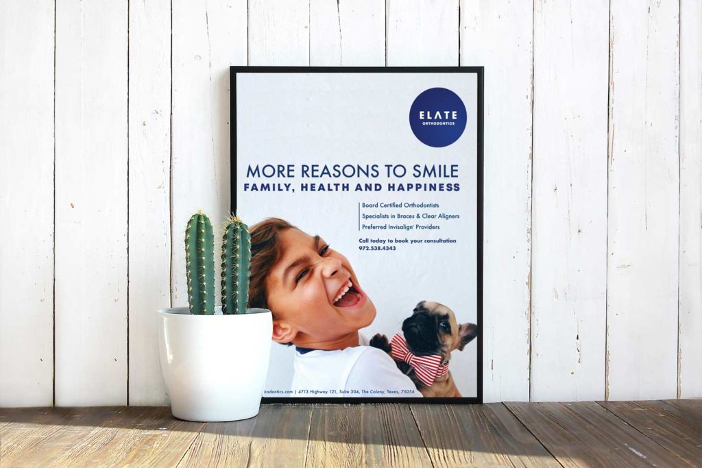 Here's an example of one of the flyers we created for Elate Orthodontics by J. Alexandria Creative, Huntsville, Alabama branding and website designer. Flyer Sample Option 4. 
