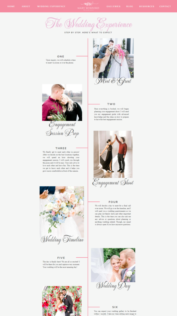 wedding photography website layout, order of services
