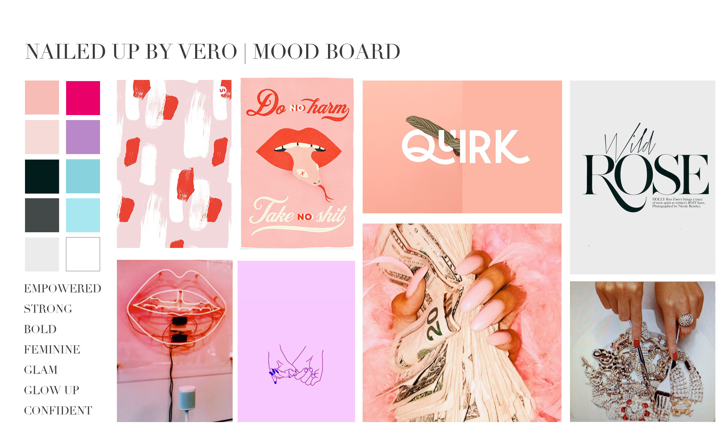 Feminine Color Palette, Feminine Brand Board, Feminine Brand, Nail Salon Moodboard, Nail Salon Branding