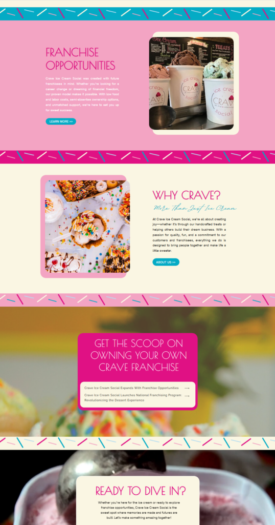 Franchise Website, Franchise Website Page, Franchise Landing Page, Fun Franchising Page, Colorful Franchising, Modern Franchising Website, Ice Cream Website, Ice Cream Shop Website, Ice Cream Marketing, Ice Cream Brochure