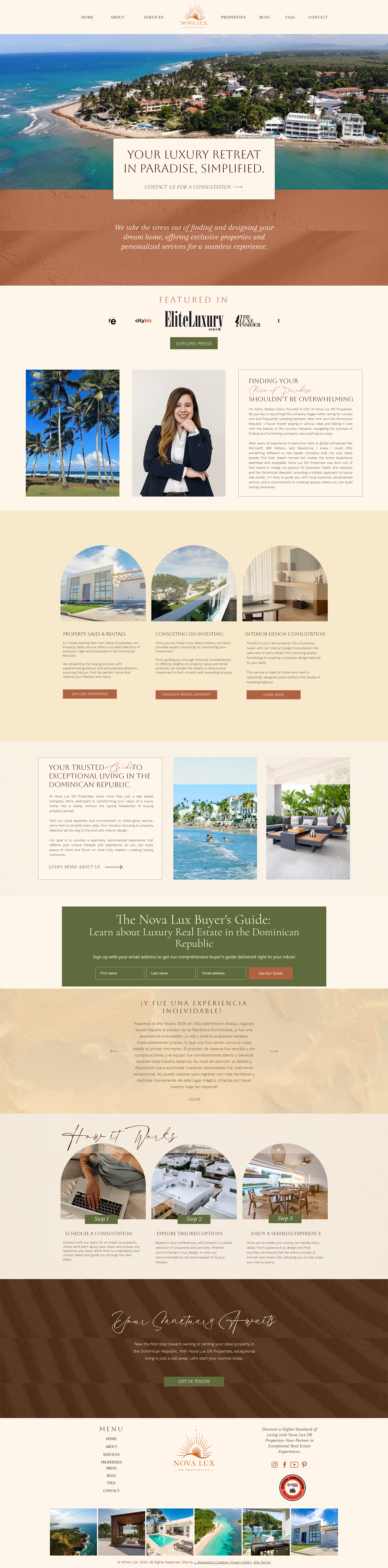 Nova Lux Properties real estate website homepage for property listings