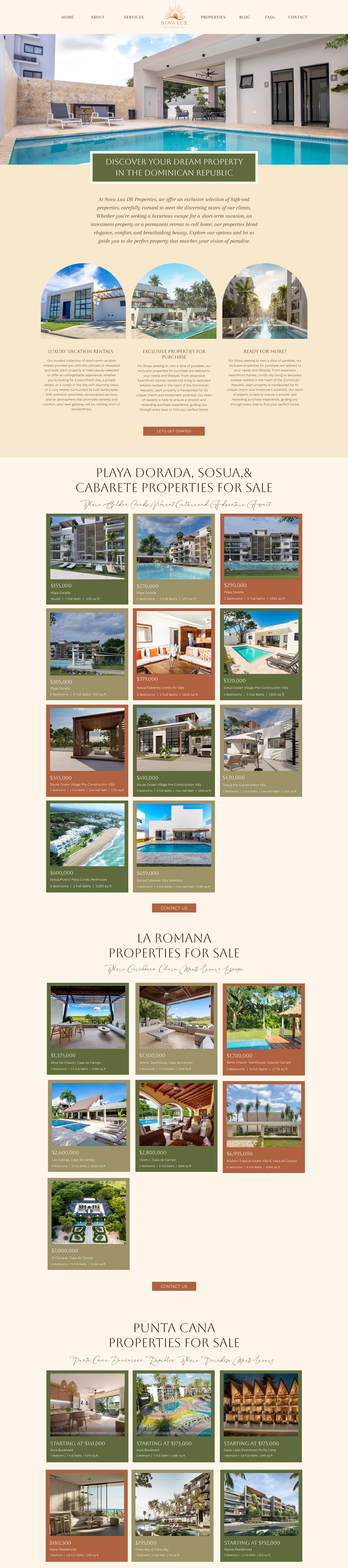 Nova Lux Properties real estate website homepage for property listings, landing page for property listings