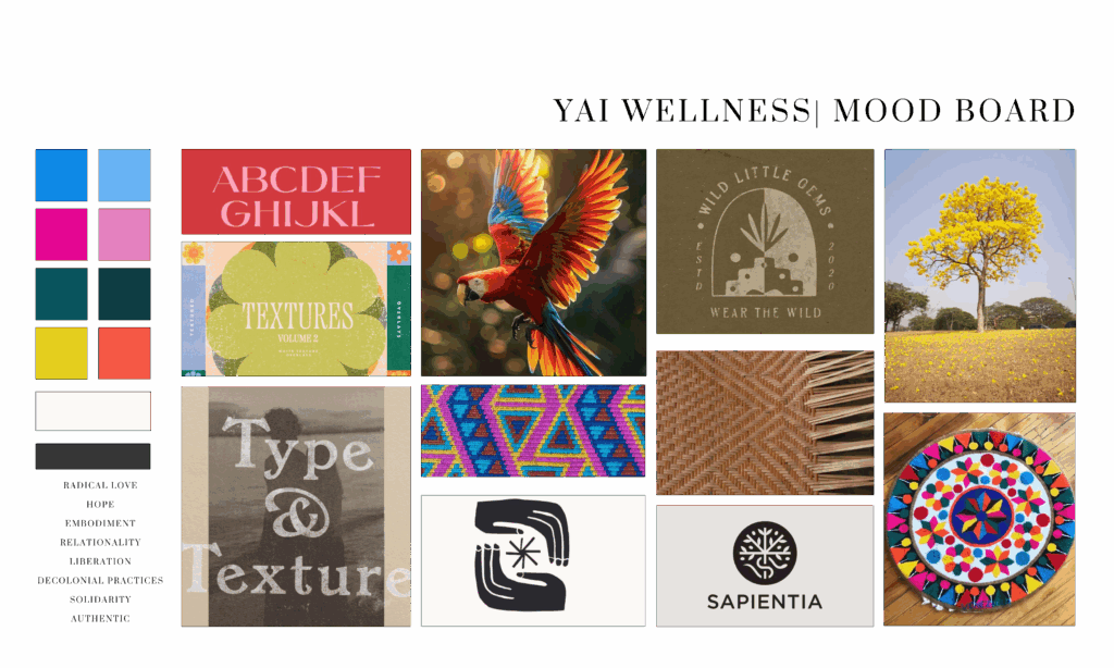 Therapist mood board, Venezuelan inspired brand, vibrant brand, bilingual branding