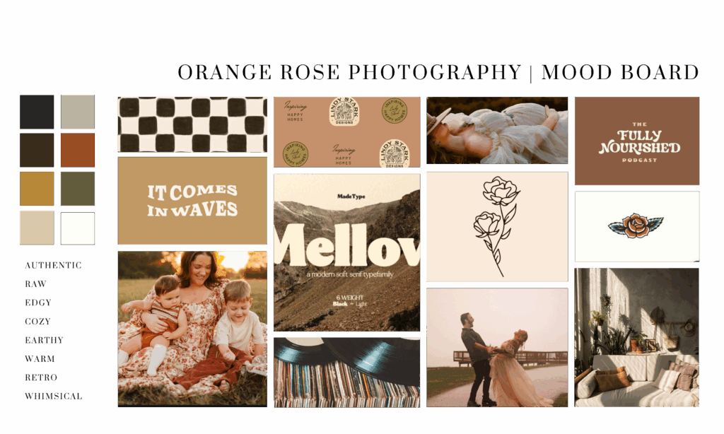 retro inspired mood board, edgy mood board, edgy branding, cozy branding, fall color palette